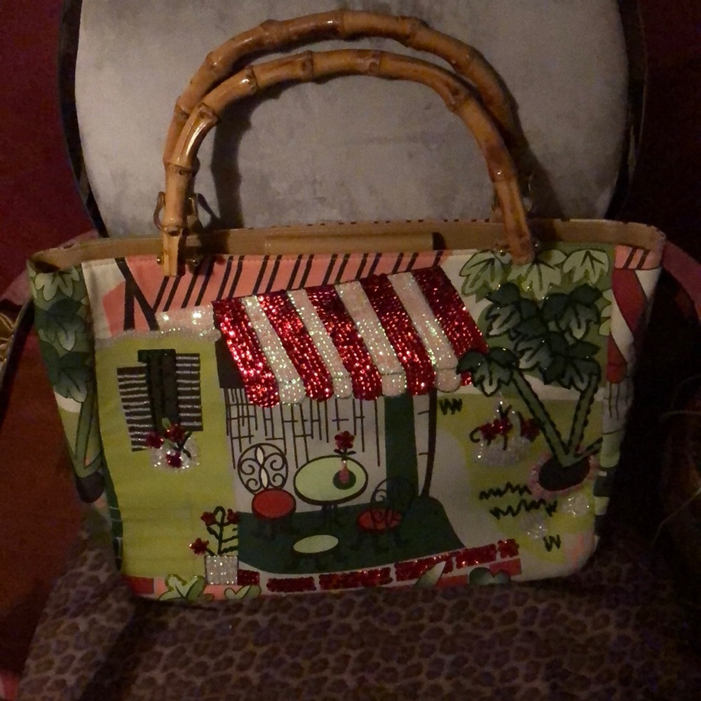Brand New Sequin Cafe Scene Bag with Wood Handles